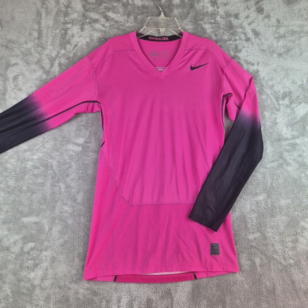Nike Pro Combat Hypercool Mens Top Large Pink Black Dri Fit Long Sleeve Stretch